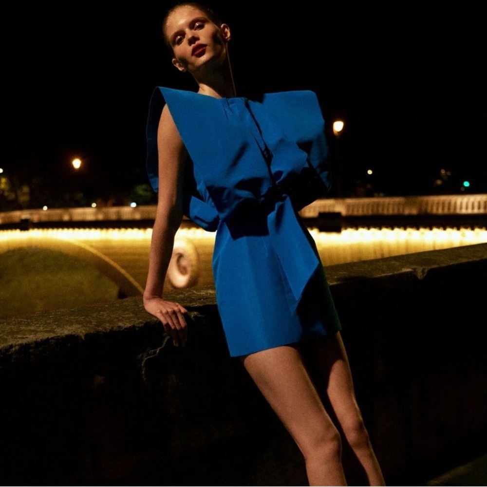 Zara Electric Blue Pleated Cape Tie-Front Mini Dress - Picture 8 of 8